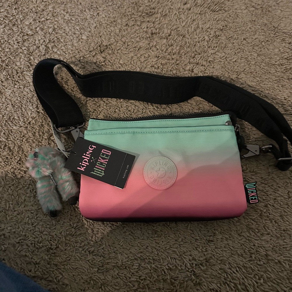 Kipling Wicked Riri Crossbody NWT has monkey keychain green pink ombré - Picture 5 of 10